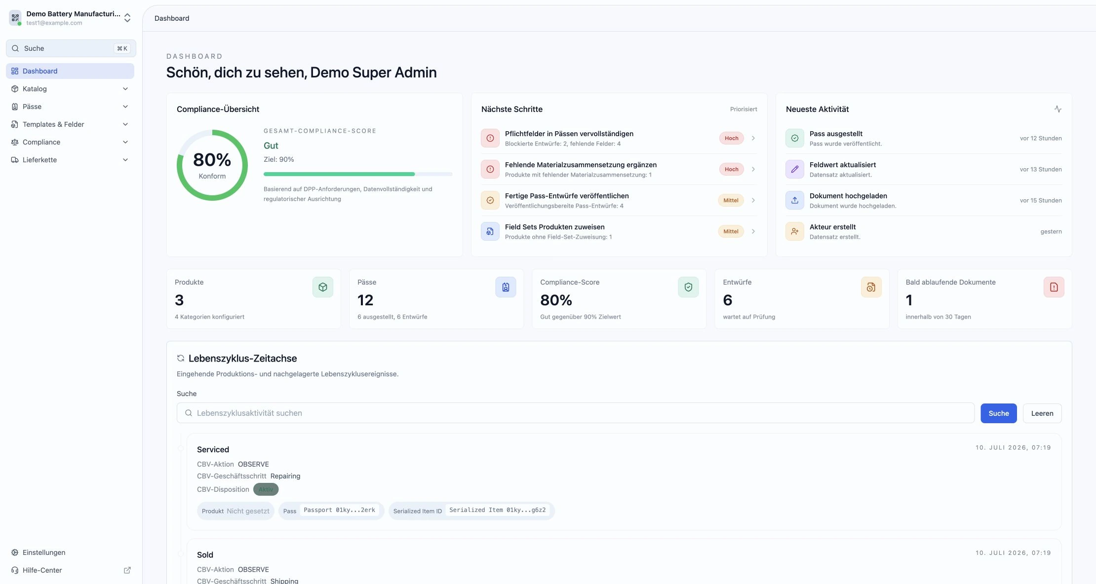 Dashboard von SimpleDPP zur Verwaltung digitaler Produktpässe